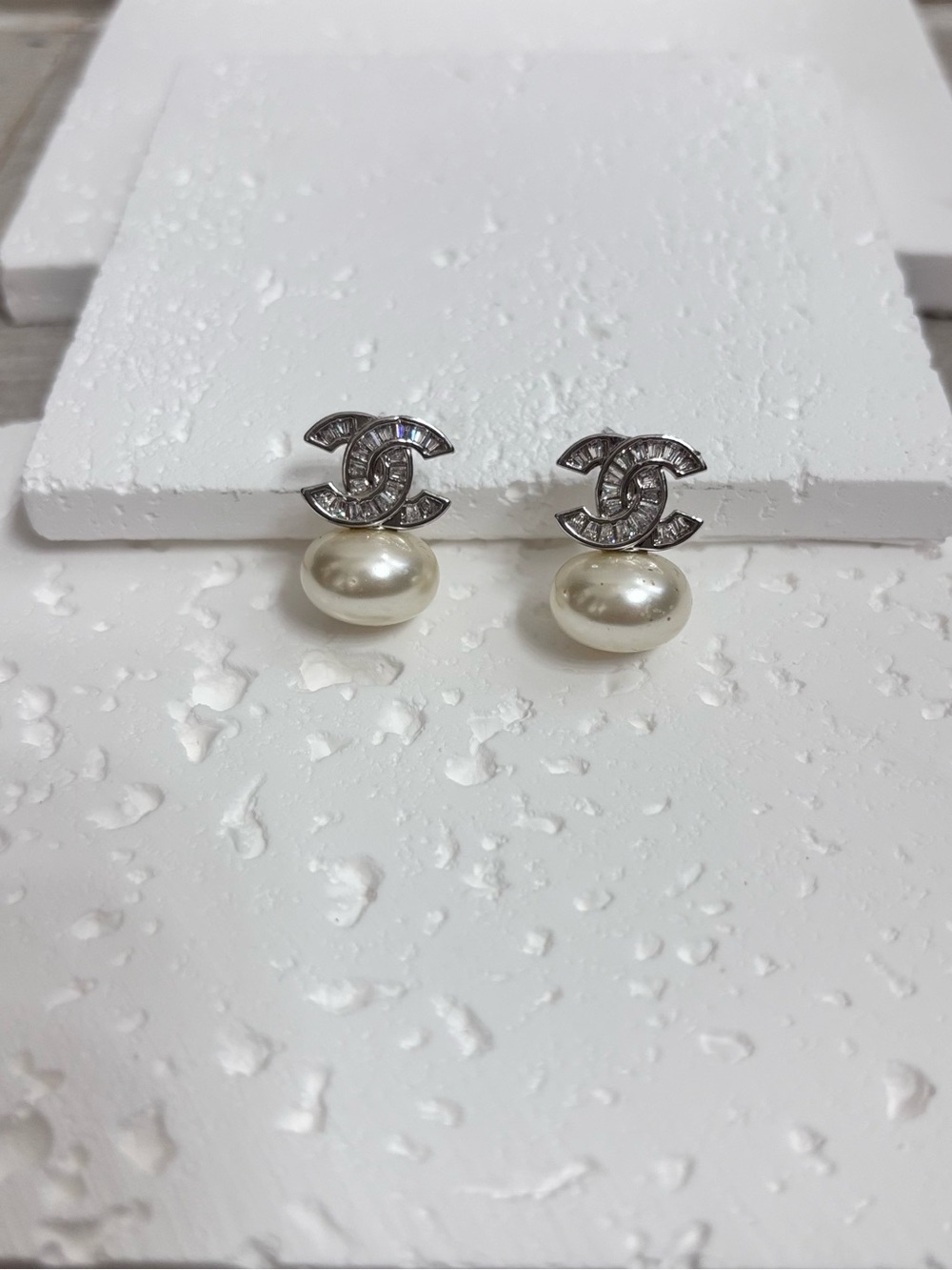 Silver Double C Crystal Pearl Drop Earrings - White Pearl